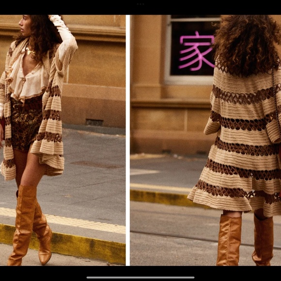 Sold Out! Chasing Unicorns Let It Be Crochet Coat Brown/Tan OS NWT - Picture 3 of 6